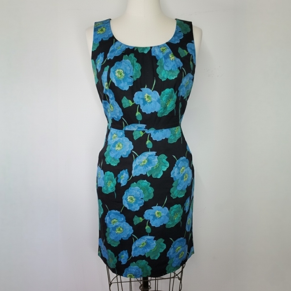 Ann Taylor Loft Size M Dress 100% Cotton Floral Fitted Classic Pockets Black